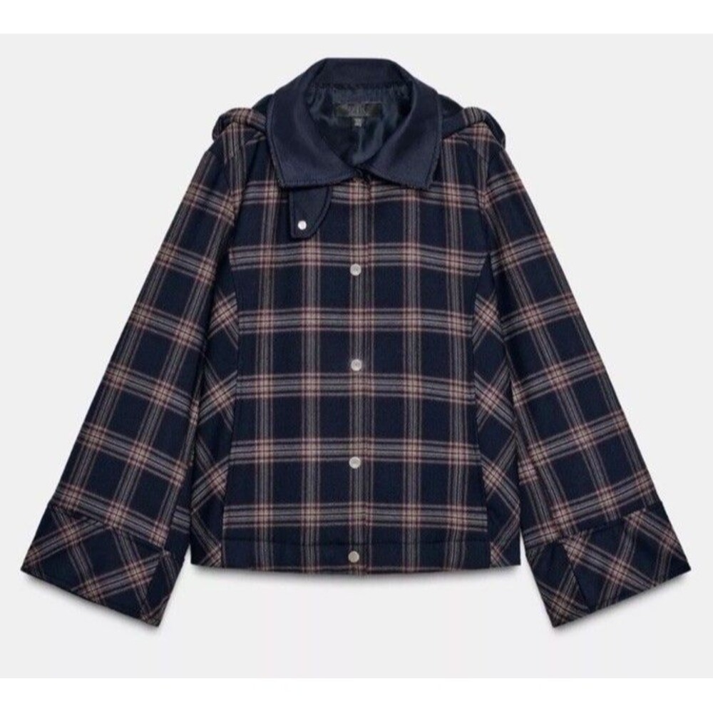 Zara Plaid Hooded Jacket Womens Size M Checkered Funnel Neck Navy Viral Fall